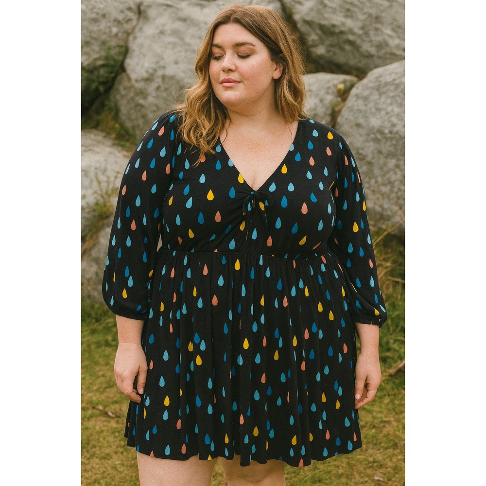 ModCloth Dress Womens Plus Size 1X Black Raindrop Print V Neck Midi - Picture 1 of 11